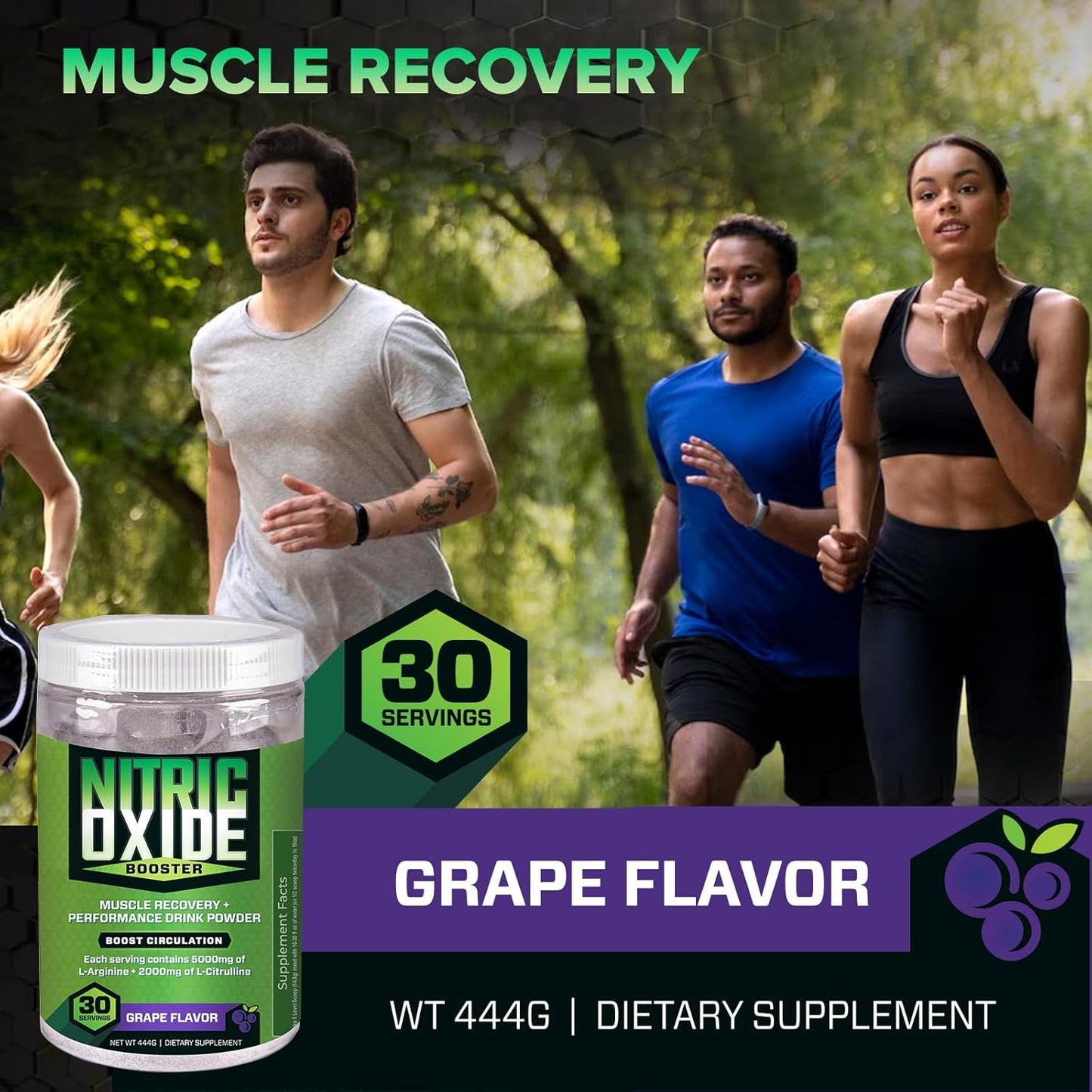 Stimulant-Free Nitric Oxide Booster Pre-Workout Powder with L-Arginine & L-Citrulline - Grape Flavor - 30 Servings