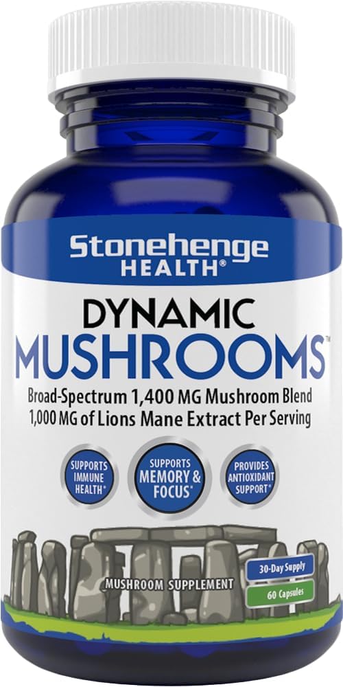 Stonehenge Health Dynamic Mushrooms - 100% Fruiting Bodies & Extracts - Nootropic Brain & Immune Support - Lion’s Mane, Chaga, Maitake, Shiitake, Reishi - 60 Capsules