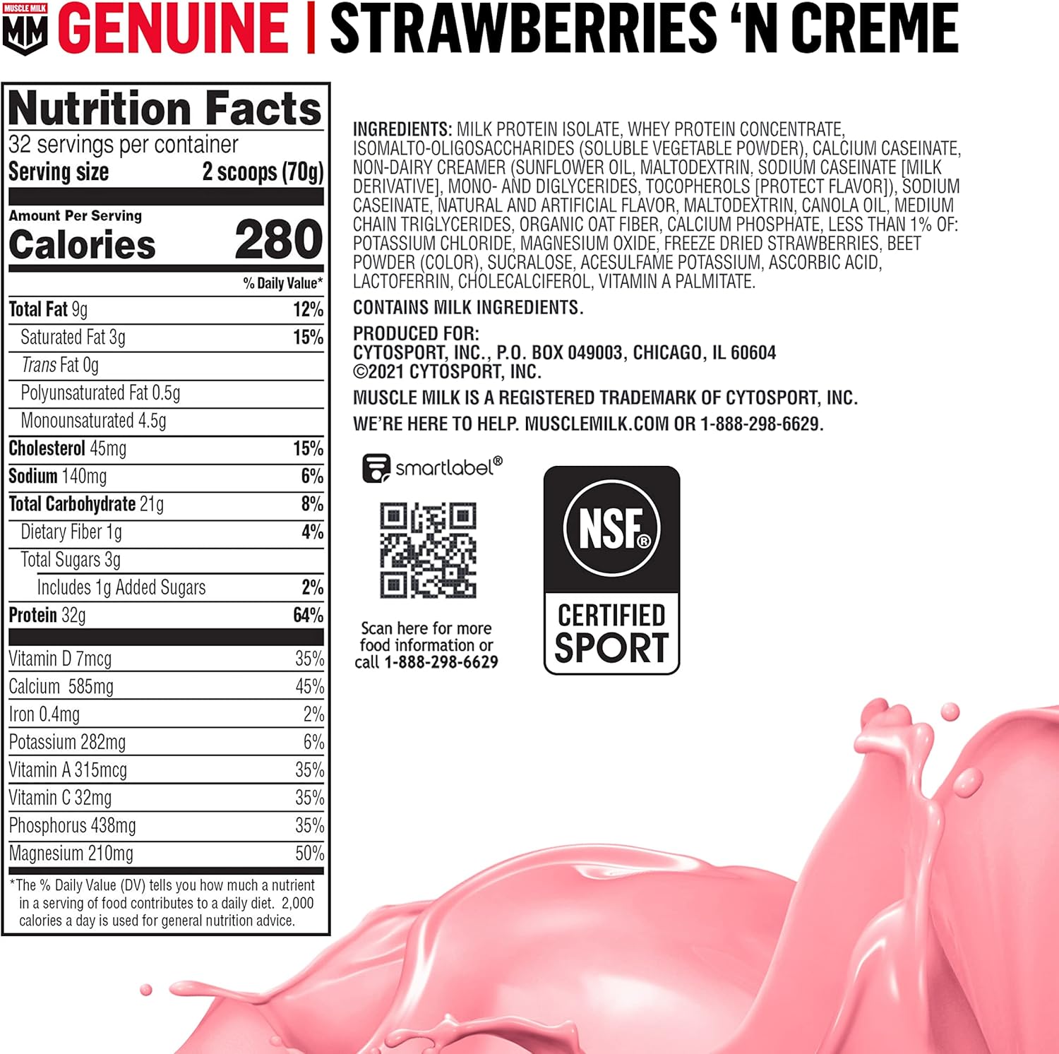 Strawberries 'N Crème Muscle Milk Genuine Protein Powder - 32g Protein, 4.94 Pound Size