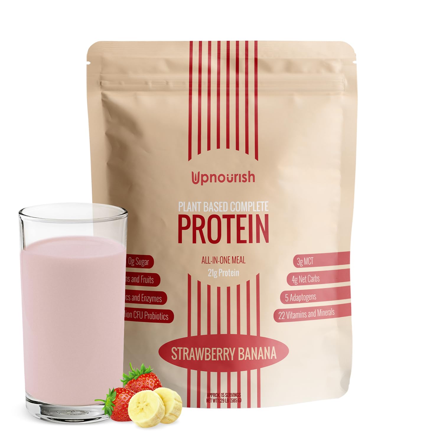 Strawberry Banana Vegan Protein Powder with Superfoods, Probiotics, and Plant-Based Protein - Dairy-Free and Keto-Friendly Meal Replacement Shake (15 Servings)