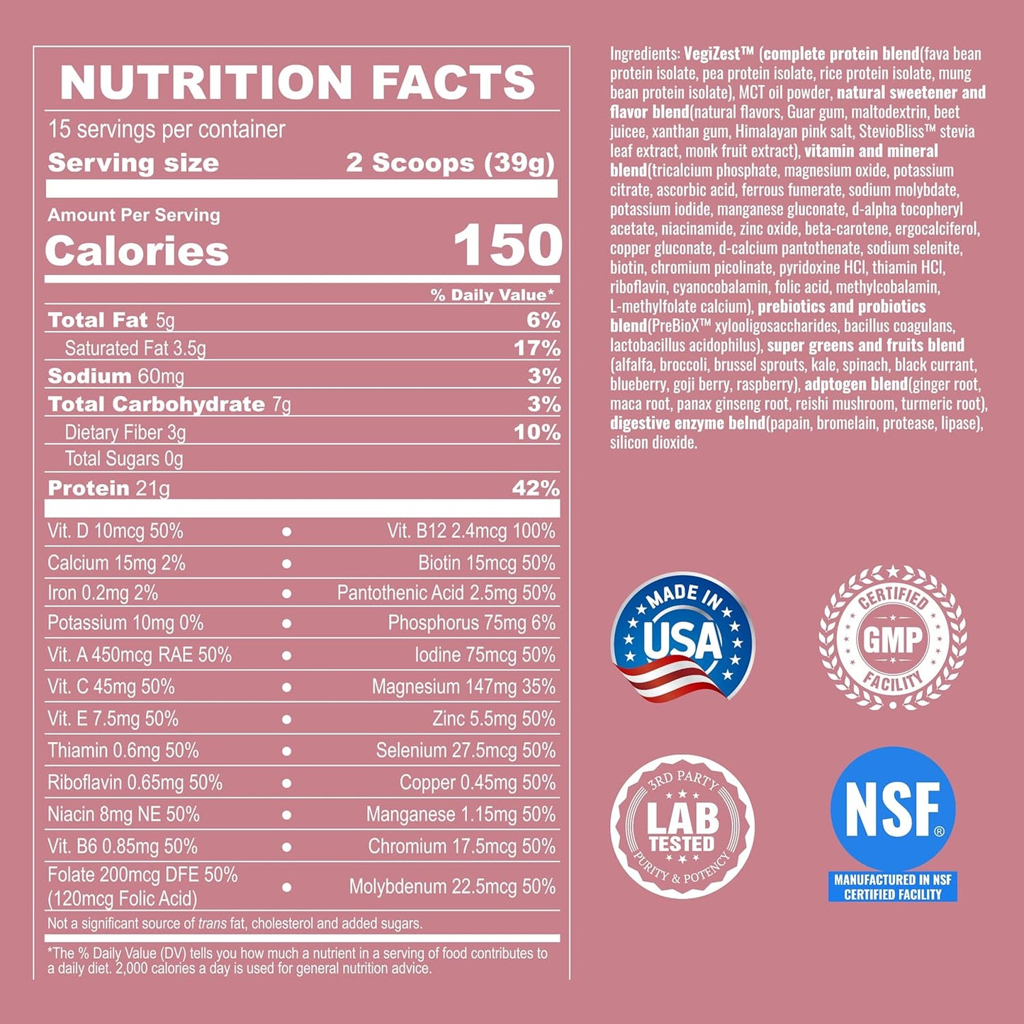Strawberry Banana Vegan Protein Powder with Superfoods, Probiotics, and Plant-Based Protein - Dairy-Free and Keto-Friendly Meal Replacement Shake (15 Servings)