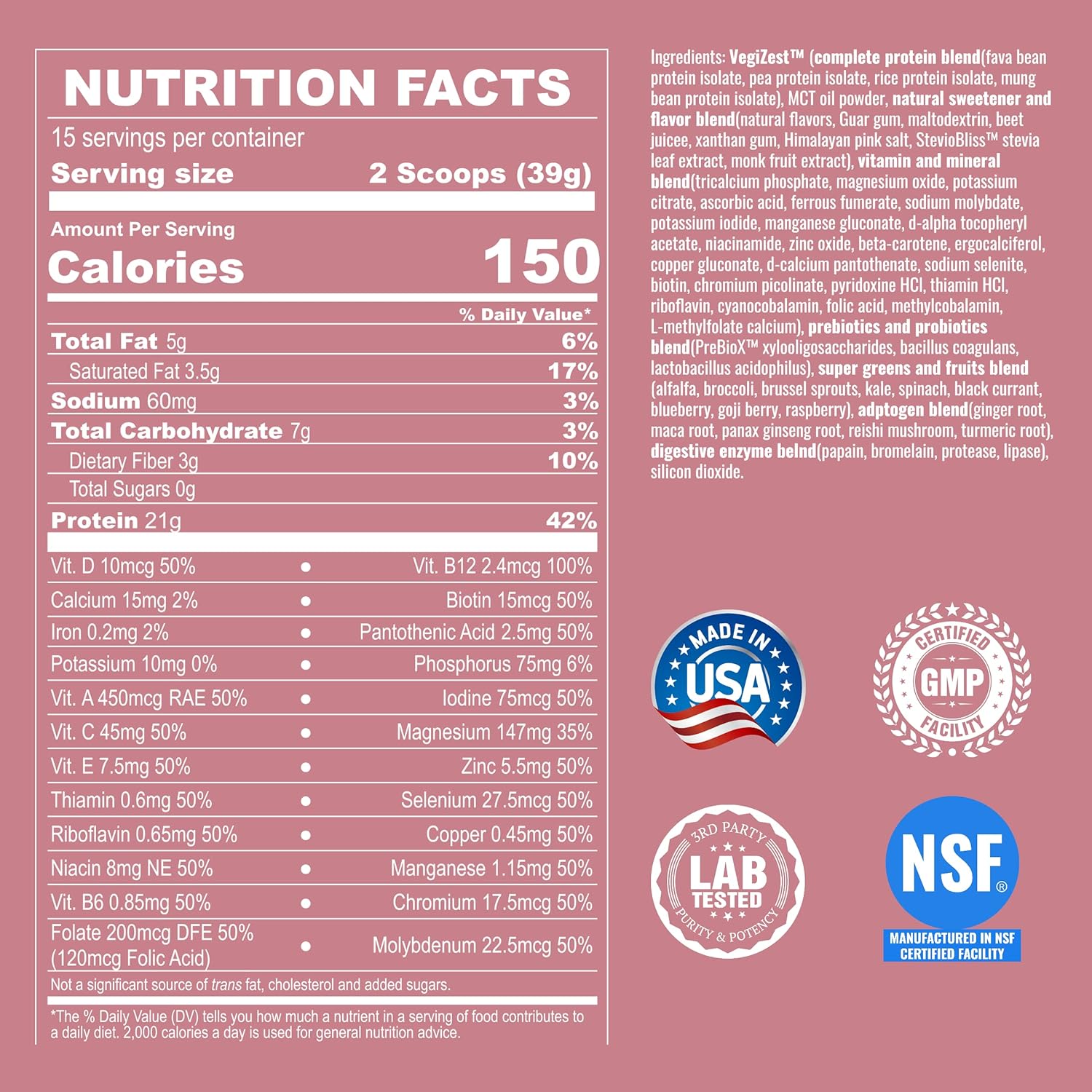 Strawberry Banana Vegan Protein Powder with Superfoods, Probiotics, and Plant-Based Protein - Dairy-Free and Keto-Friendly Meal Replacement Shake (15 Servings)