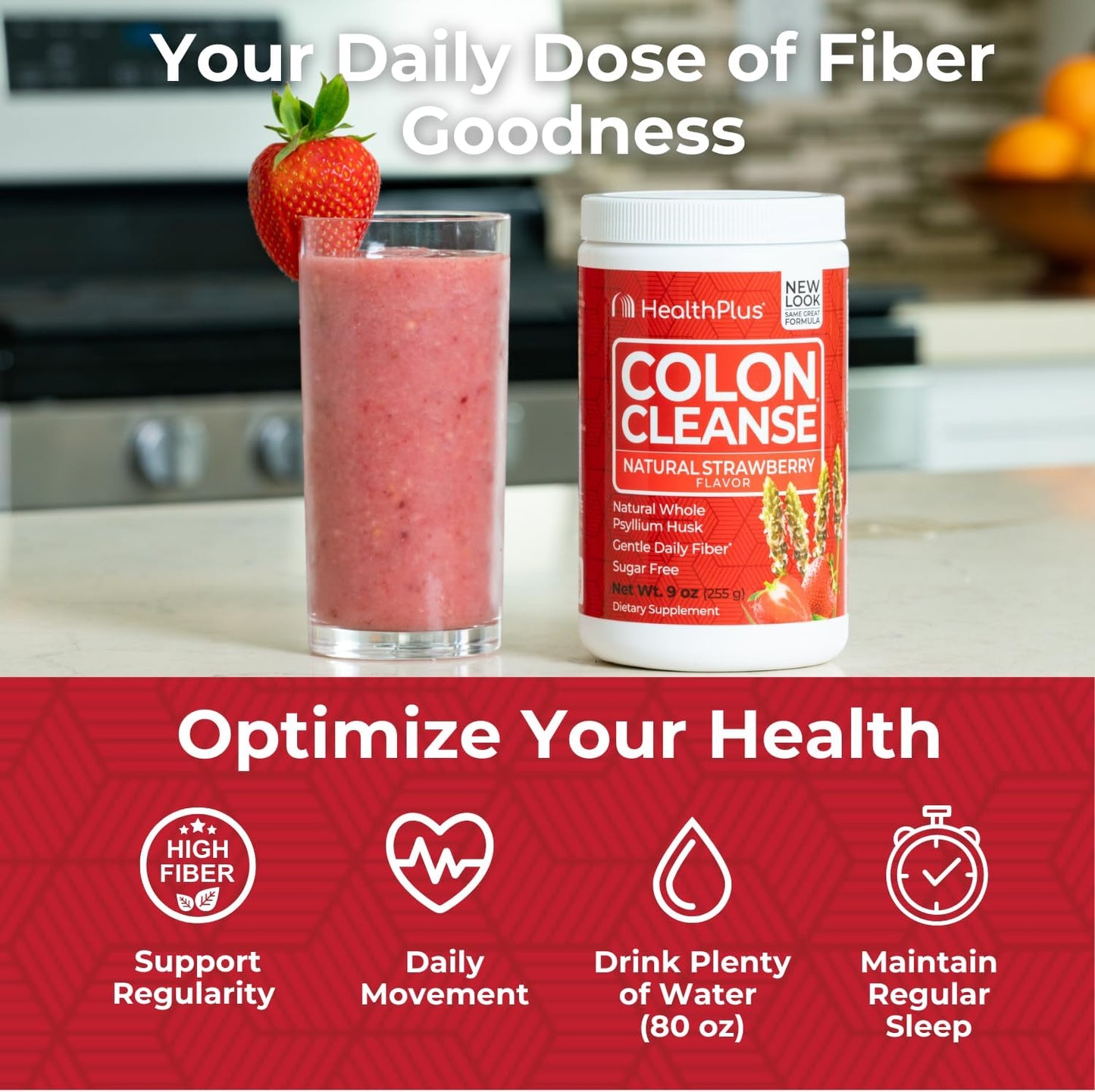Strawberry Colon Cleanse Digestive Support with Natural Sweetener - Daily Fiber for Bloating Reduction - 9oz, 36 Servings