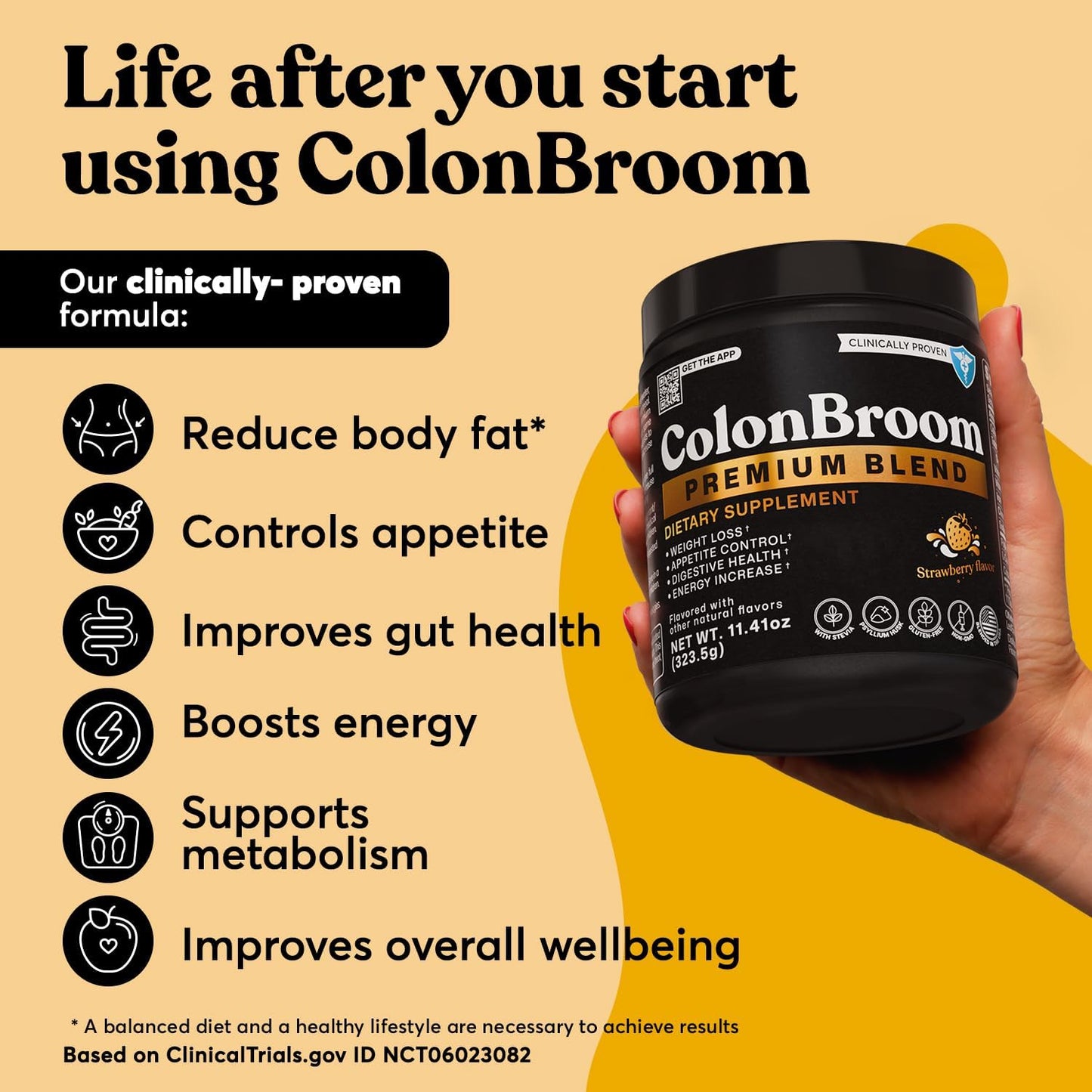 Strawberry ColonBroom Premium Weight Management Supplement - Psyllium Husk Powder Drink for Gut Health - Gluten Free & Non-GMO - 50 Servings