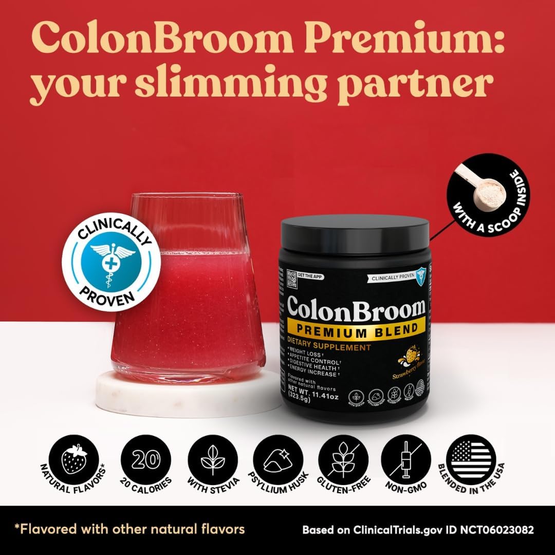 Strawberry ColonBroom Premium Weight Management Supplement - Psyllium Husk Powder Drink for Gut Health - Gluten Free & Non-GMO - 50 Servings
