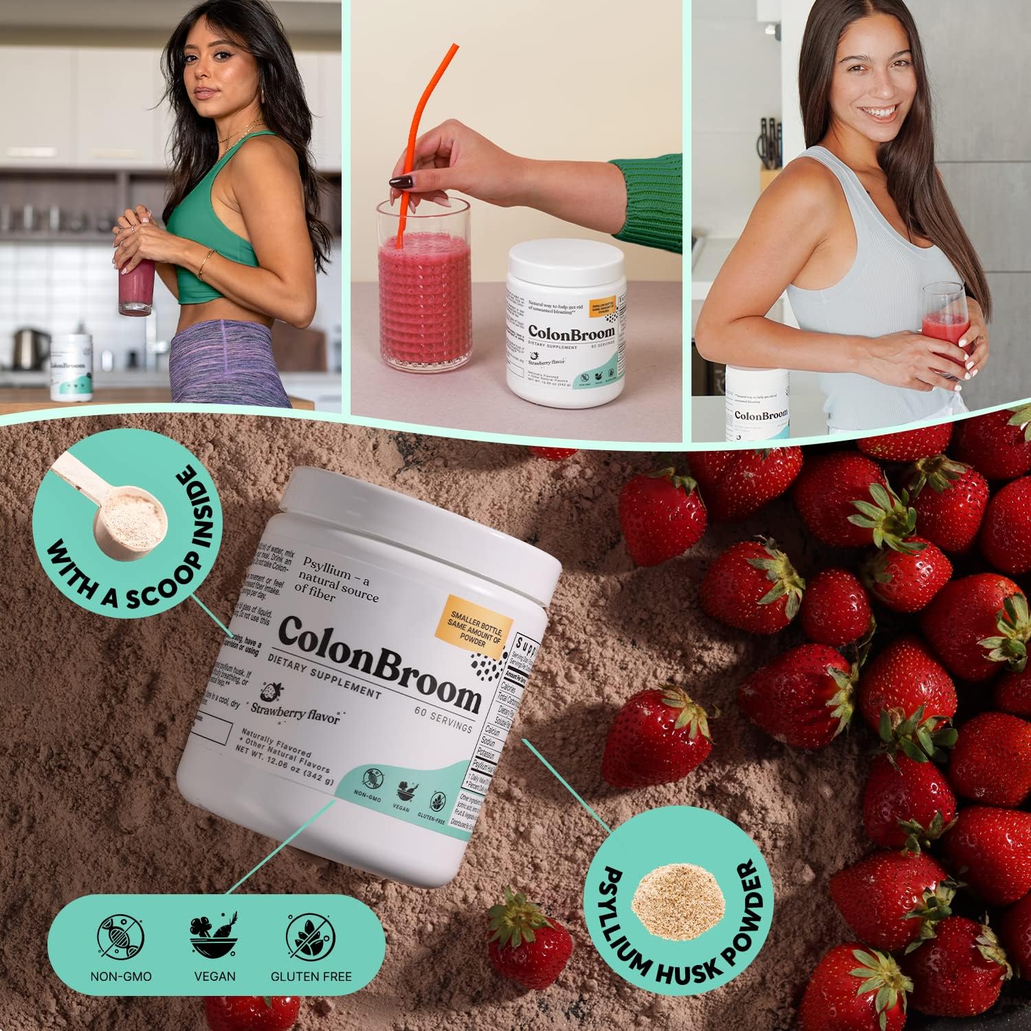 Strawberry ColonBroom Psyllium Husk Powder - Bloating Relief & Gut Health Supplement - Vegan & Gluten Free Fiber Drink - 60 Servings