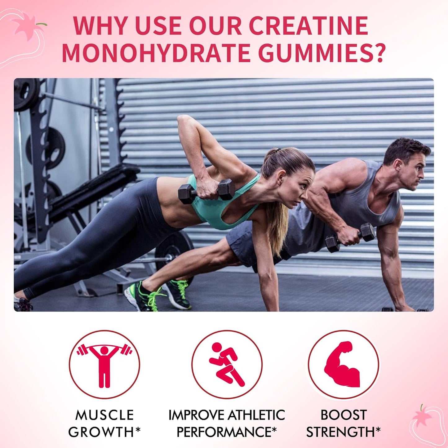Strawberry Creatine Gummies 5000mg for Muscle Strength and Energy Boost - 180 Chewables for Men & Women