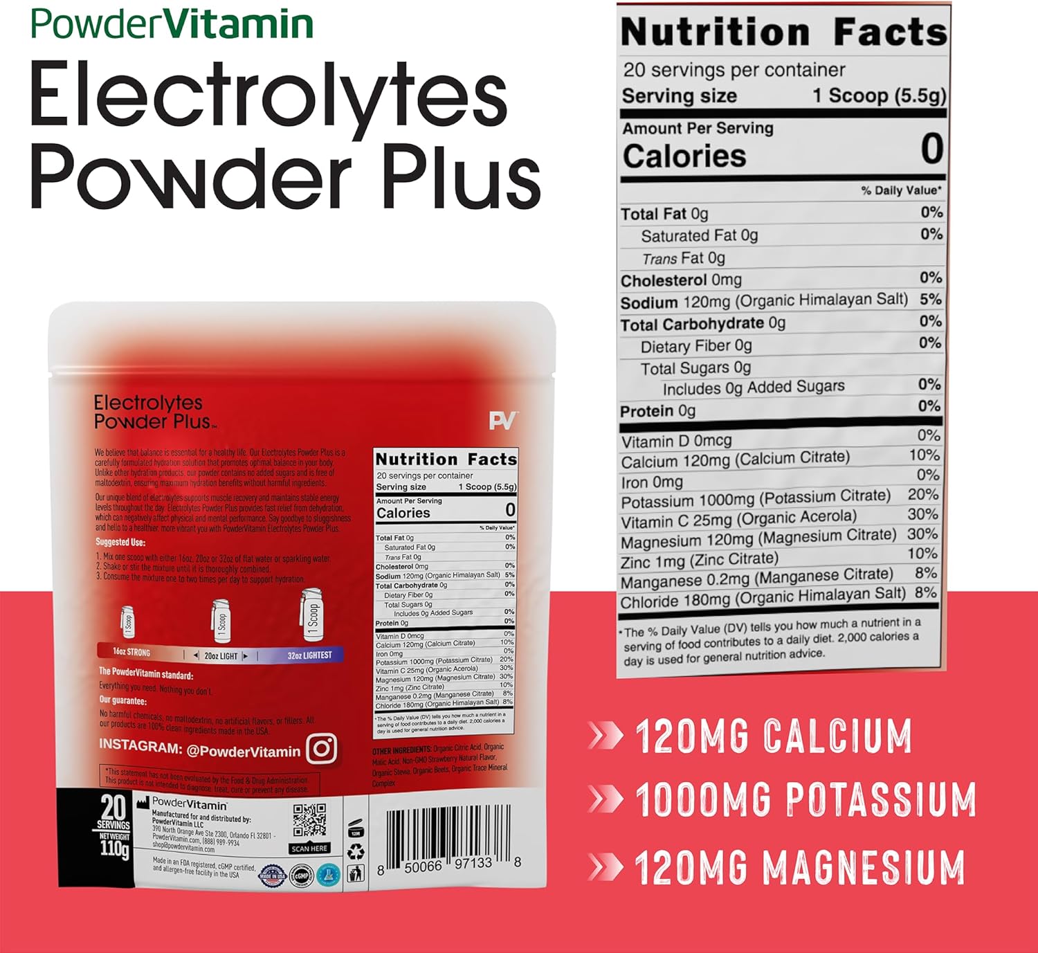 Strawberry Electrolyte Powder with Pink Himalayan Salt - 20 Servings, Keto-Friendly, Sugar-Free, High Potassium, Calcium, Magnesium - Hydration Powder