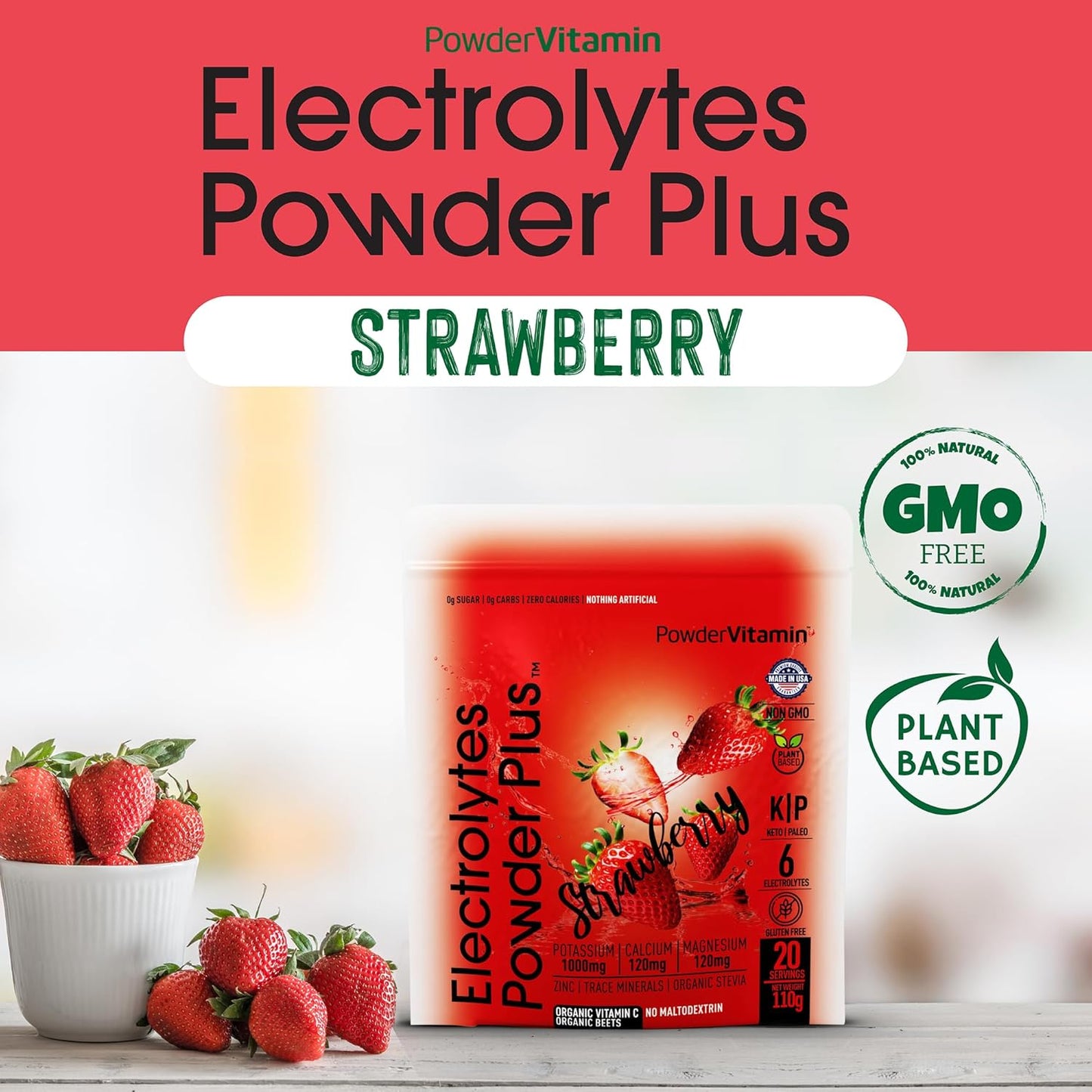 Strawberry Electrolyte Powder with Pink Himalayan Salt - 20 Servings, Keto-Friendly, Sugar-Free, High Potassium, Calcium, Magnesium - Hydration Powder