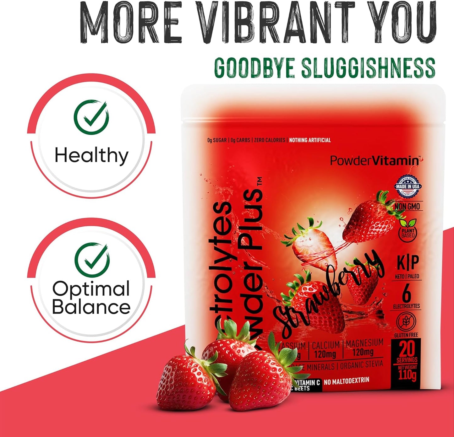 Strawberry Electrolyte Powder with Pink Himalayan Salt - 20 Servings, Keto-Friendly, Sugar-Free, High Potassium, Calcium, Magnesium - Hydration Powder