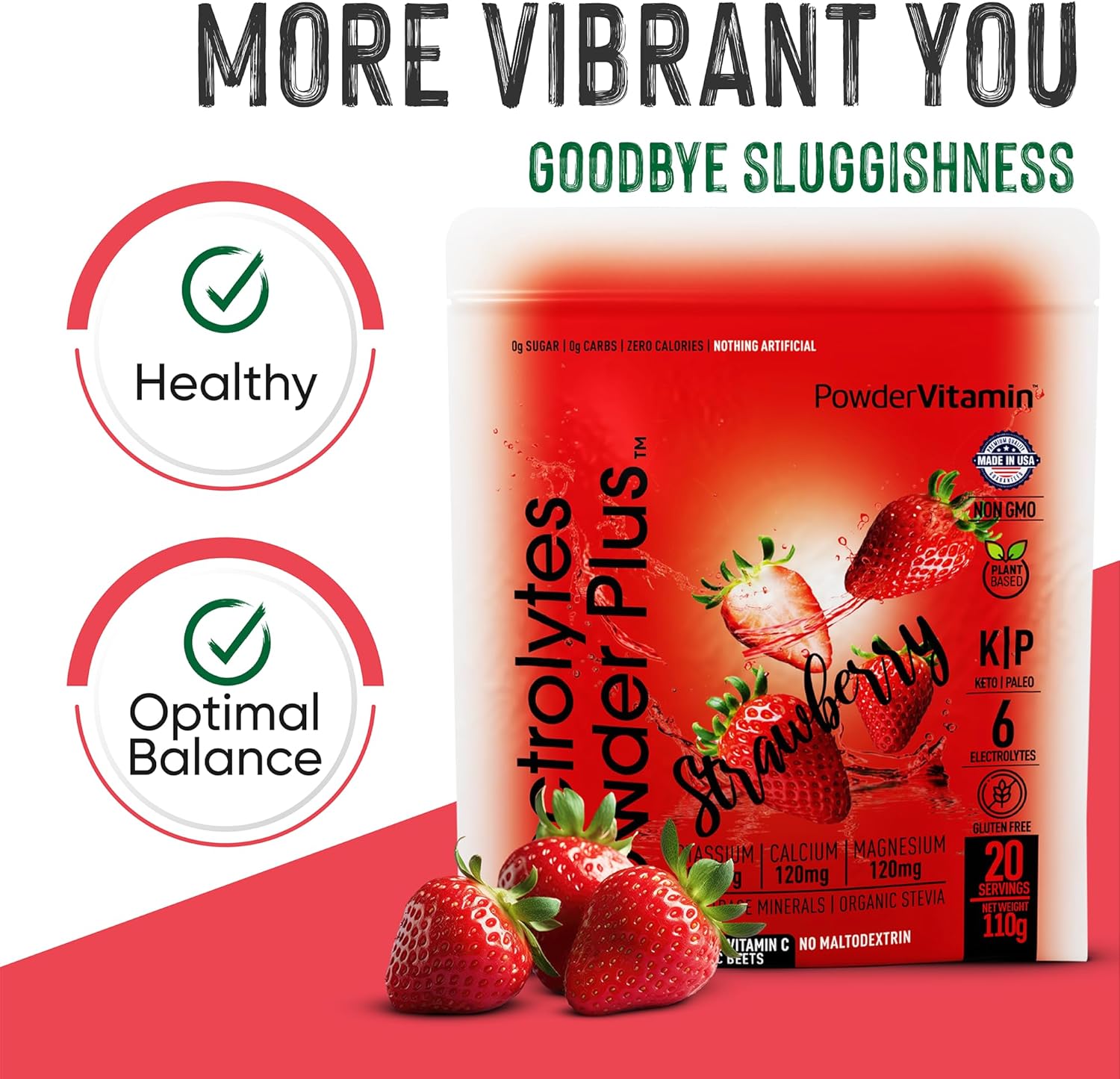 Strawberry Electrolyte Powder with Pink Himalayan Salt - 20 Servings, Keto-Friendly, Sugar-Free, High Potassium, Calcium, Magnesium - Hydration Powder
