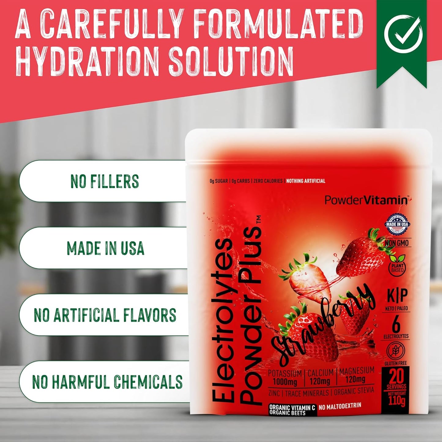 Strawberry Electrolyte Powder with Pink Himalayan Salt - 20 Servings, Keto-Friendly, Sugar-Free, High Potassium, Calcium, Magnesium - Hydration Powder