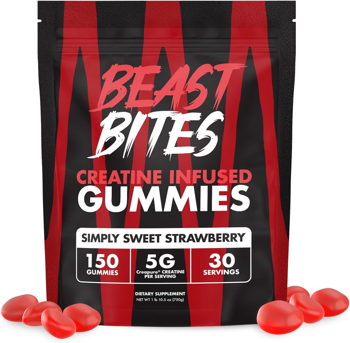 Strawberry Flavor Creatine Gummies - 5g Creatine Monohydrate Per Serving - Low-Calorie & Vegan - 30 Servings - Made in USA