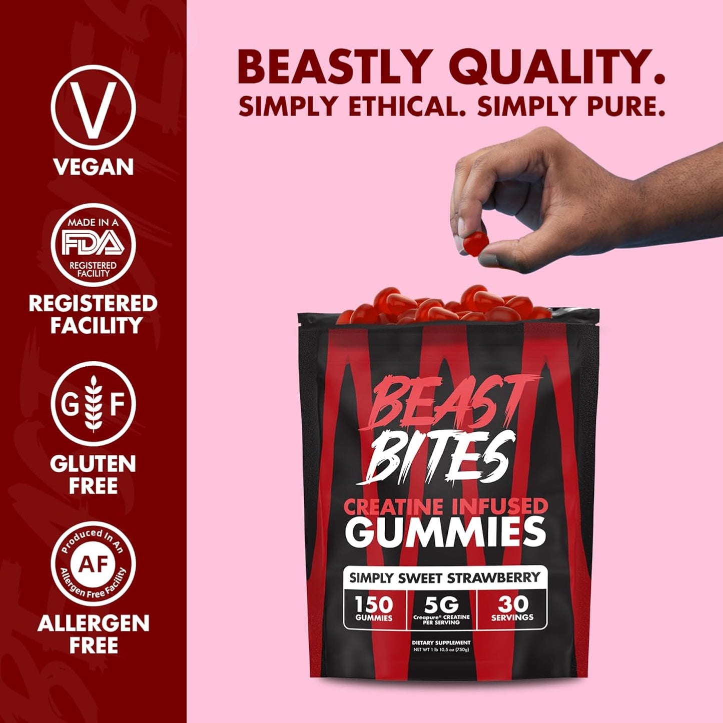 Strawberry Flavor Creatine Gummies - 5g Creatine Monohydrate Per Serving - Low-Calorie & Vegan - 30 Servings - Made in USA