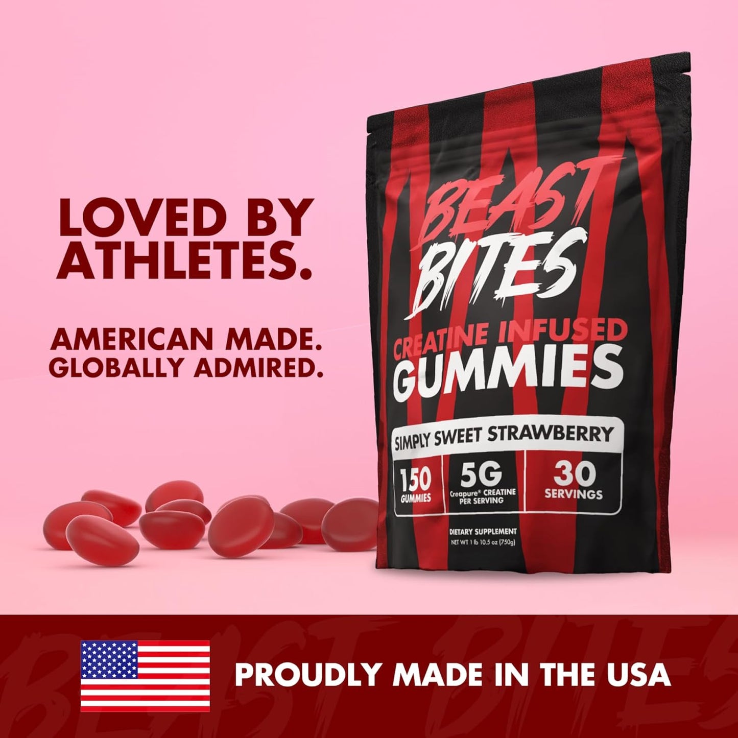 Strawberry Flavor Creatine Gummies - 5g Creatine Monohydrate Per Serving - Low-Calorie & Vegan - 30 Servings - Made in USA