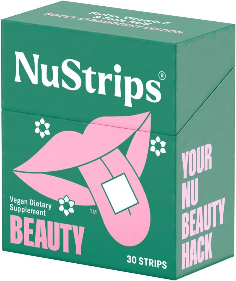 Strawberry Flavored Beauty Oral Strips with Biotin, Folate, and Vitamin E | Vitamins for Hair, Skin & Nails | 30 Individually Wrapped Strips for Maximum Absorption & Fast Results