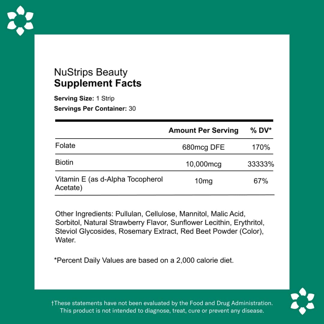 Strawberry Flavored Beauty Oral Strips with Biotin, Folate, and Vitamin E | Vitamins for Hair, Skin & Nails | 30 Individually Wrapped Strips for Maximum Absorption & Fast Results