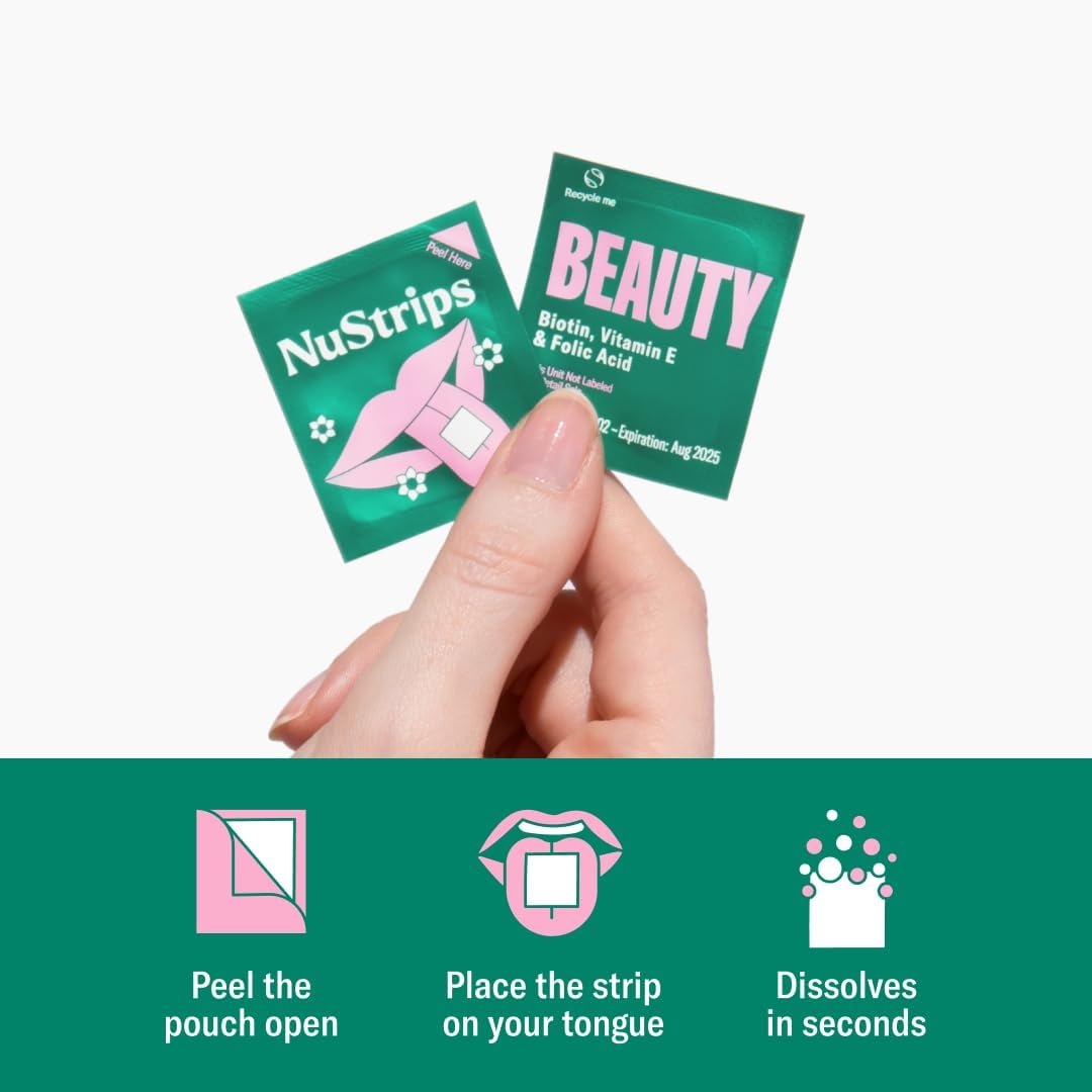 Strawberry Flavored Beauty Oral Strips with Biotin, Folate, and Vitamin E | Vitamins for Hair, Skin & Nails | 30 Individually Wrapped Strips for Maximum Absorption & Fast Results