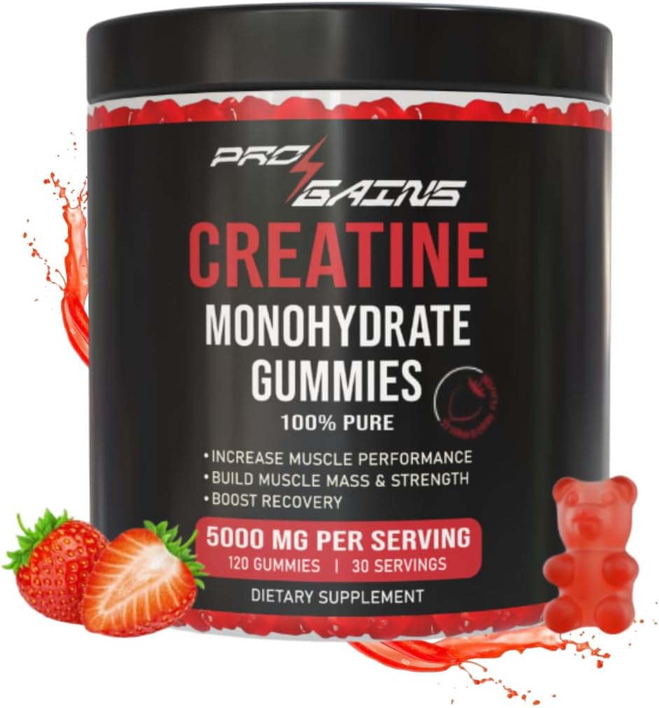 Strawberry Flavored Creatine Monohydrate Gummies - 120 Gummies, 30 Servings for Muscle Mass & Strength - Zero Sugar, 100% Pure