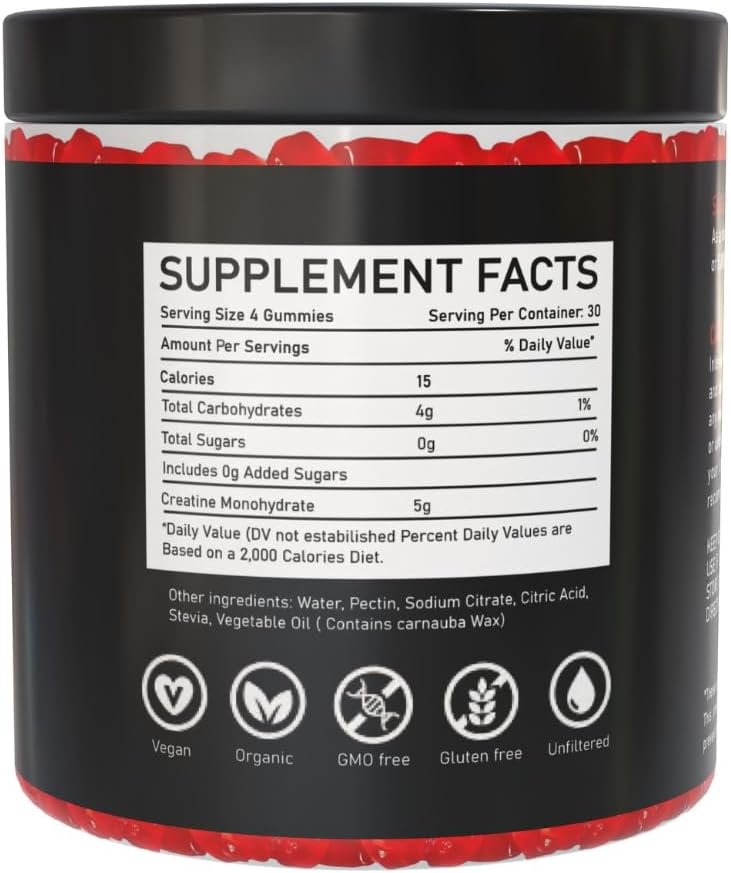 Strawberry Flavored Creatine Monohydrate Gummies - 120 Gummies, 30 Servings for Muscle Mass & Strength - Zero Sugar, 100% Pure