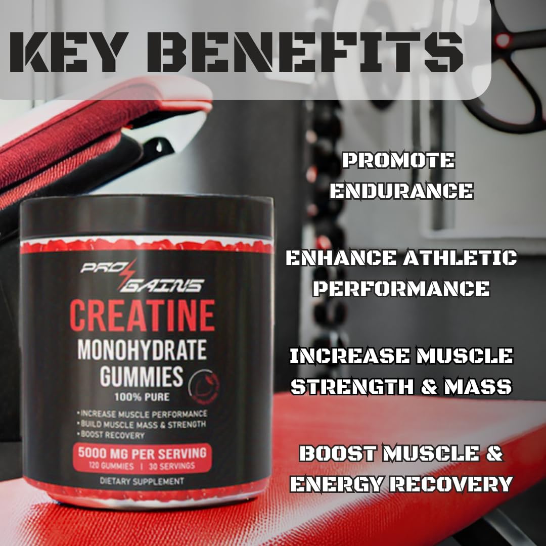 Strawberry Flavored Creatine Monohydrate Gummies - 120 Gummies, 30 Servings for Muscle Mass & Strength - Zero Sugar, 100% Pure