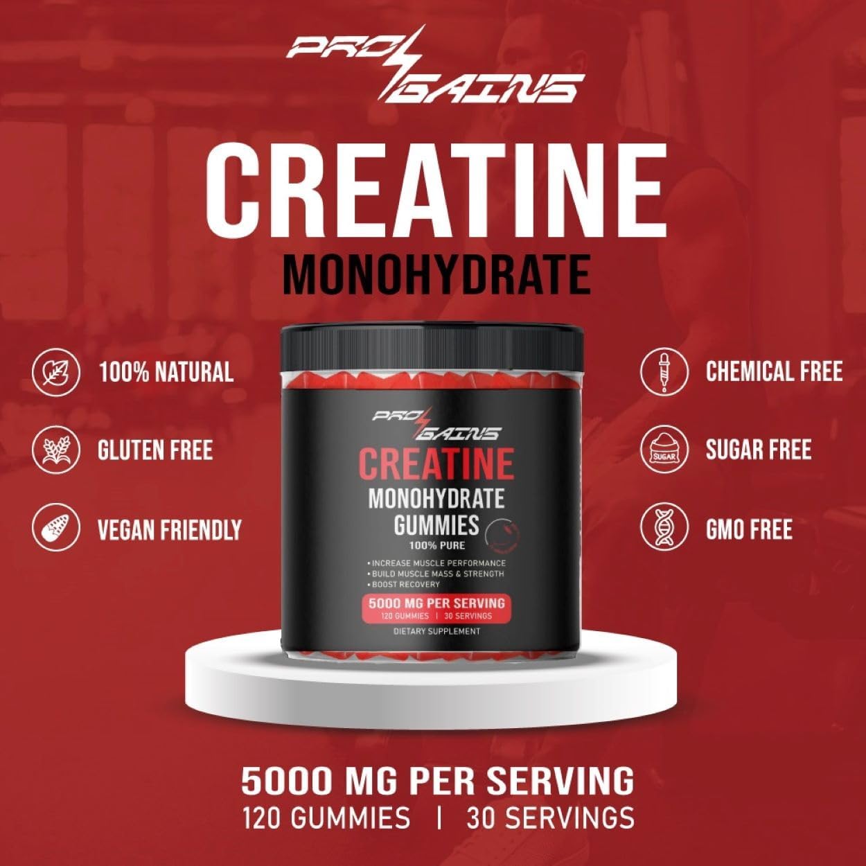 Strawberry Flavored Creatine Monohydrate Gummies - 120 Gummies, 30 Servings for Muscle Mass & Strength - Zero Sugar, 100% Pure
