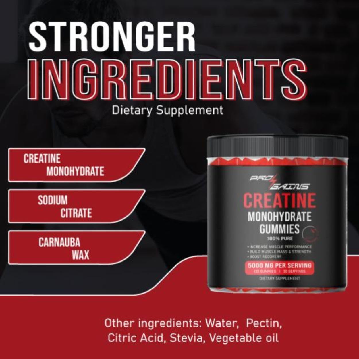 Strawberry Flavored Creatine Monohydrate Gummies - 120 Gummies, 30 Servings for Muscle Mass & Strength - Zero Sugar, 100% Pure