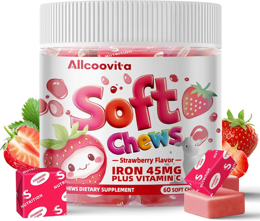Strawberry Flavored Iron Soft Chew Supplement with Vitamin C | Gluten Free | 60 Count | 2 Month Supply for Women, Men, and Kids