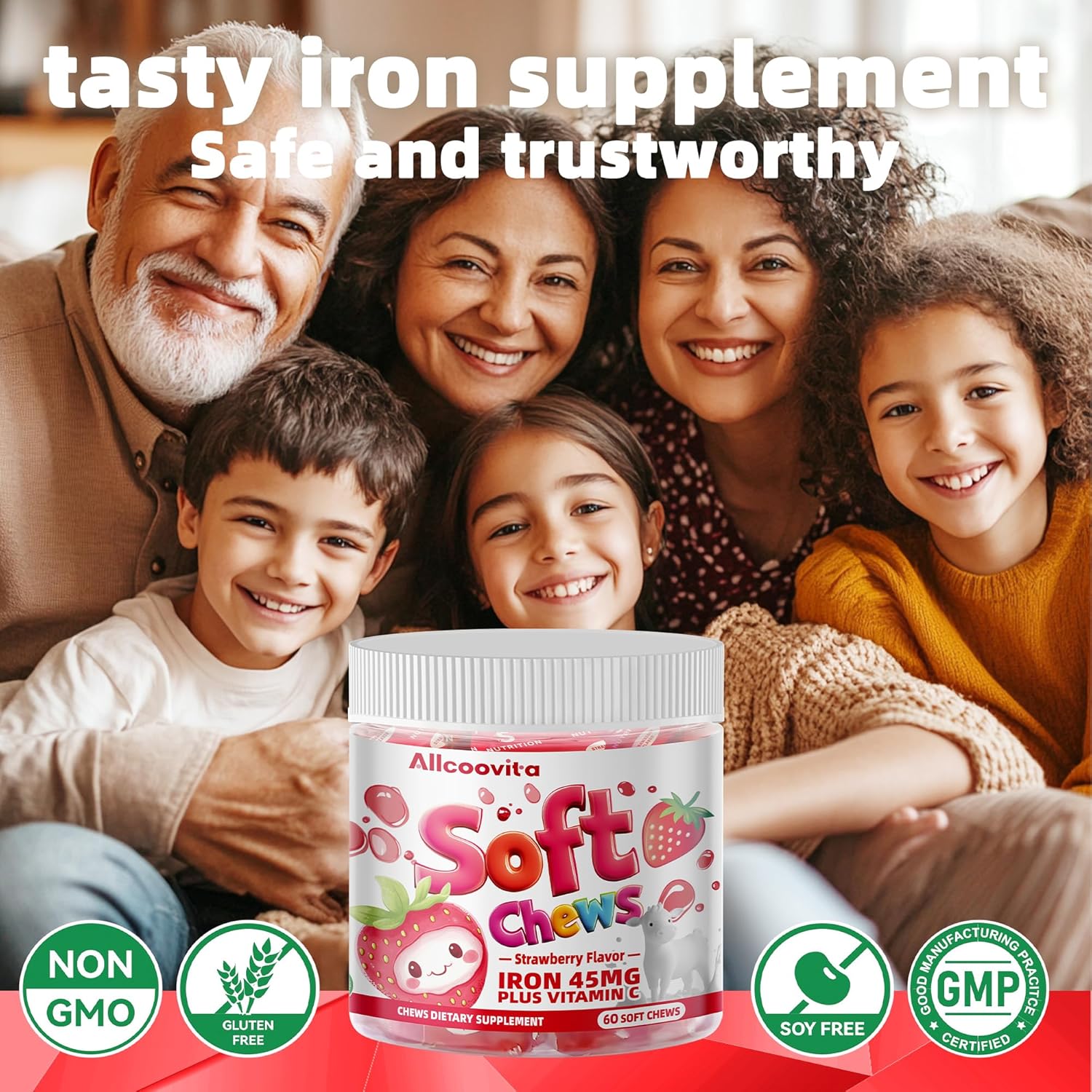 Strawberry Flavored Iron Soft Chew Supplement with Vitamin C | Gluten Free | 60 Count | 2 Month Supply for Women, Men, and Kids