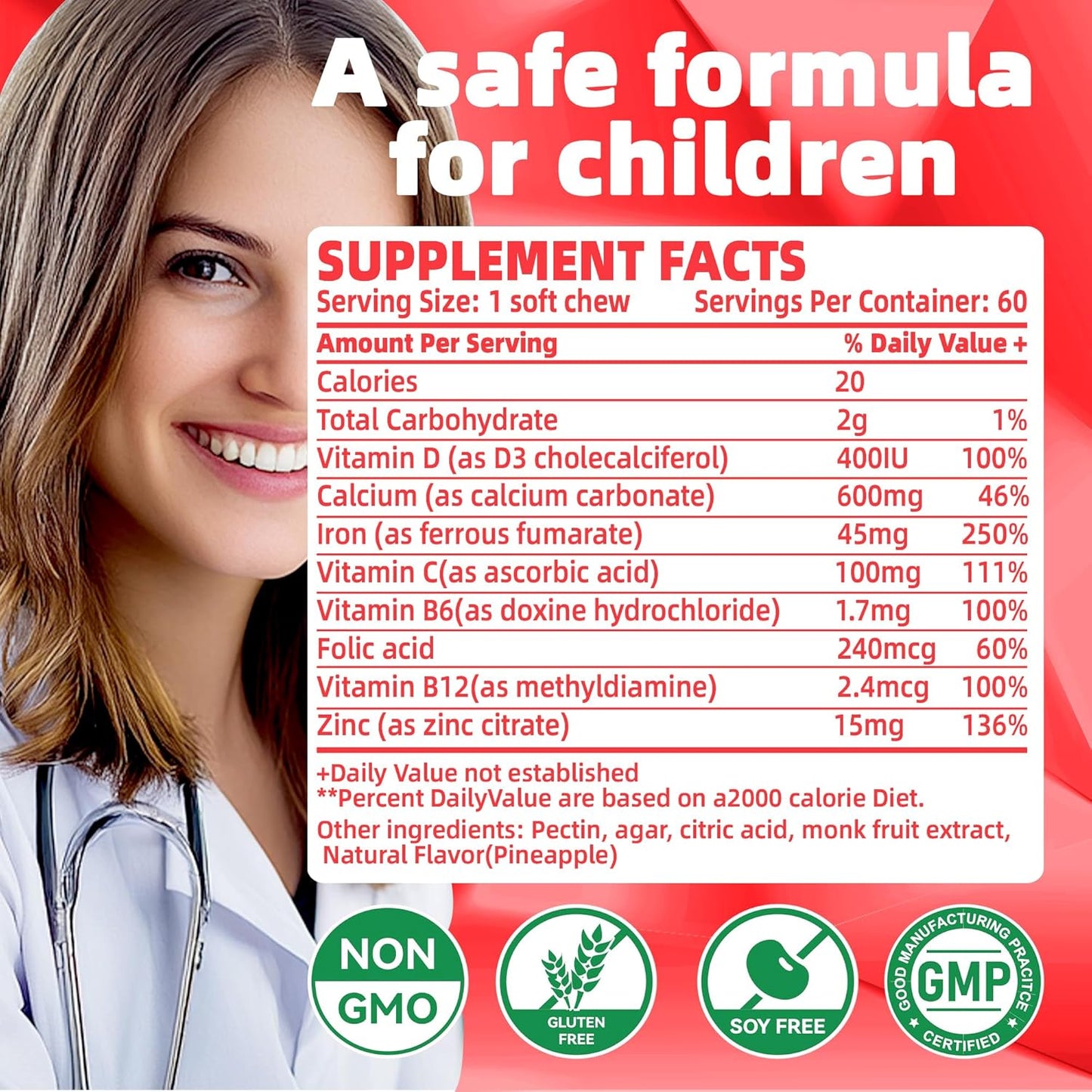 Strawberry Flavored Iron Soft Chew Supplement with Vitamin C | Gluten Free | 60 Count | 2 Month Supply for Women, Men, and Kids