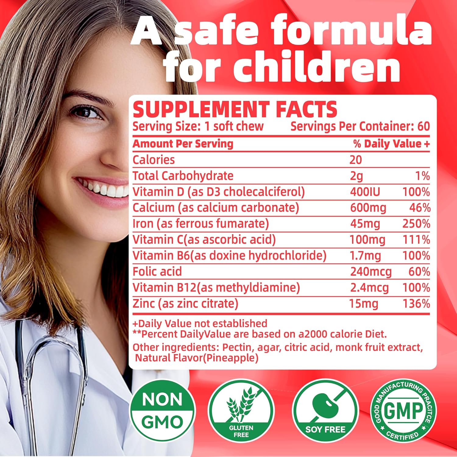 Strawberry Flavored Iron Soft Chew Supplement with Vitamin C | Gluten Free | 60 Count | 2 Month Supply for Women, Men, and Kids