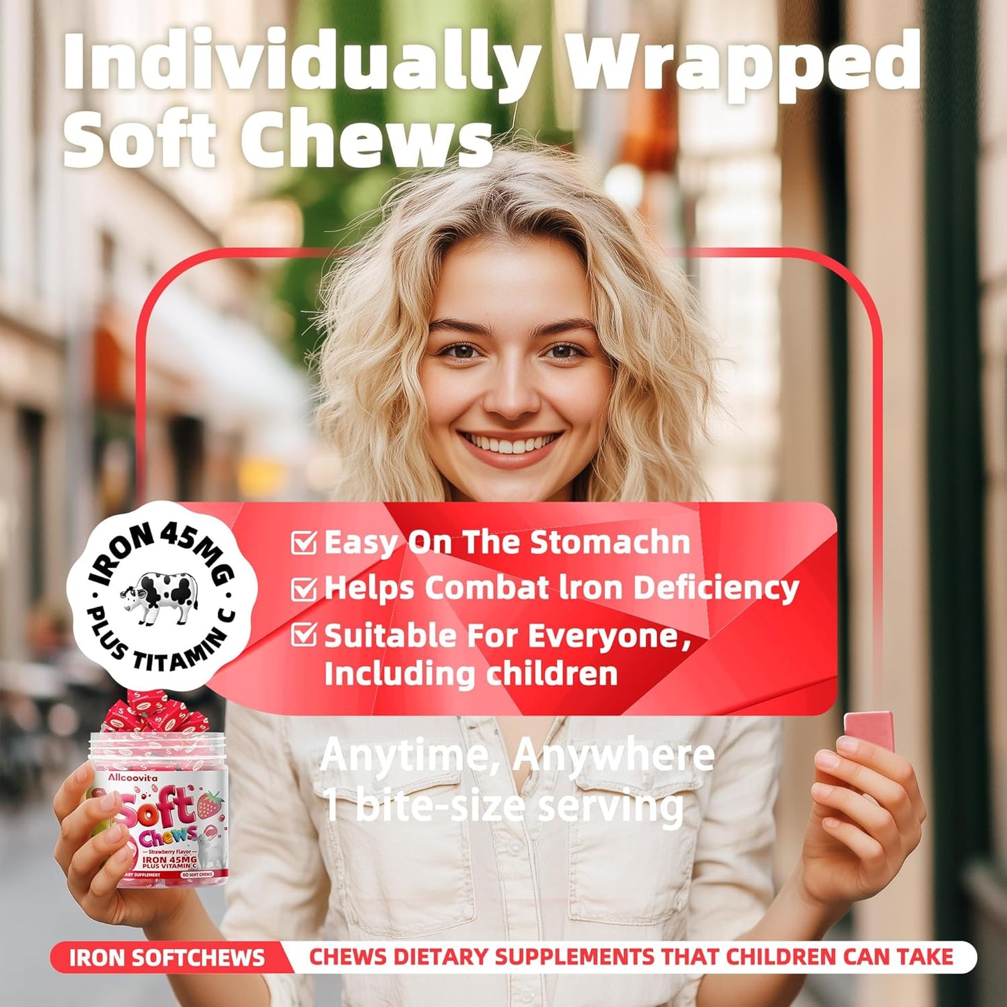 Strawberry Flavored Iron Soft Chew Supplement with Vitamin C | Gluten Free | 60 Count | 2 Month Supply for Women, Men, and Kids