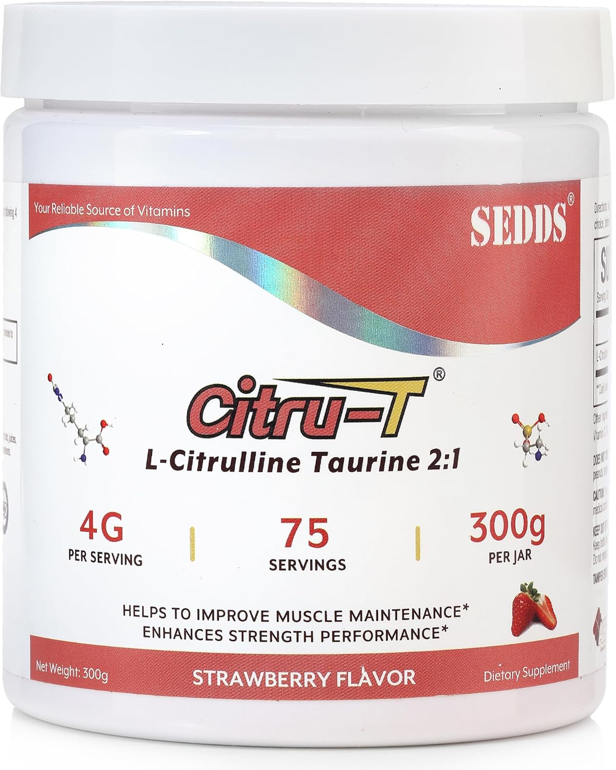 Strawberry-Flavored L-Citrulline Taurine Powder 2:1 Ratio, Vegan Pre-Workout Nutrition for Men and Women, 1lb Each Can