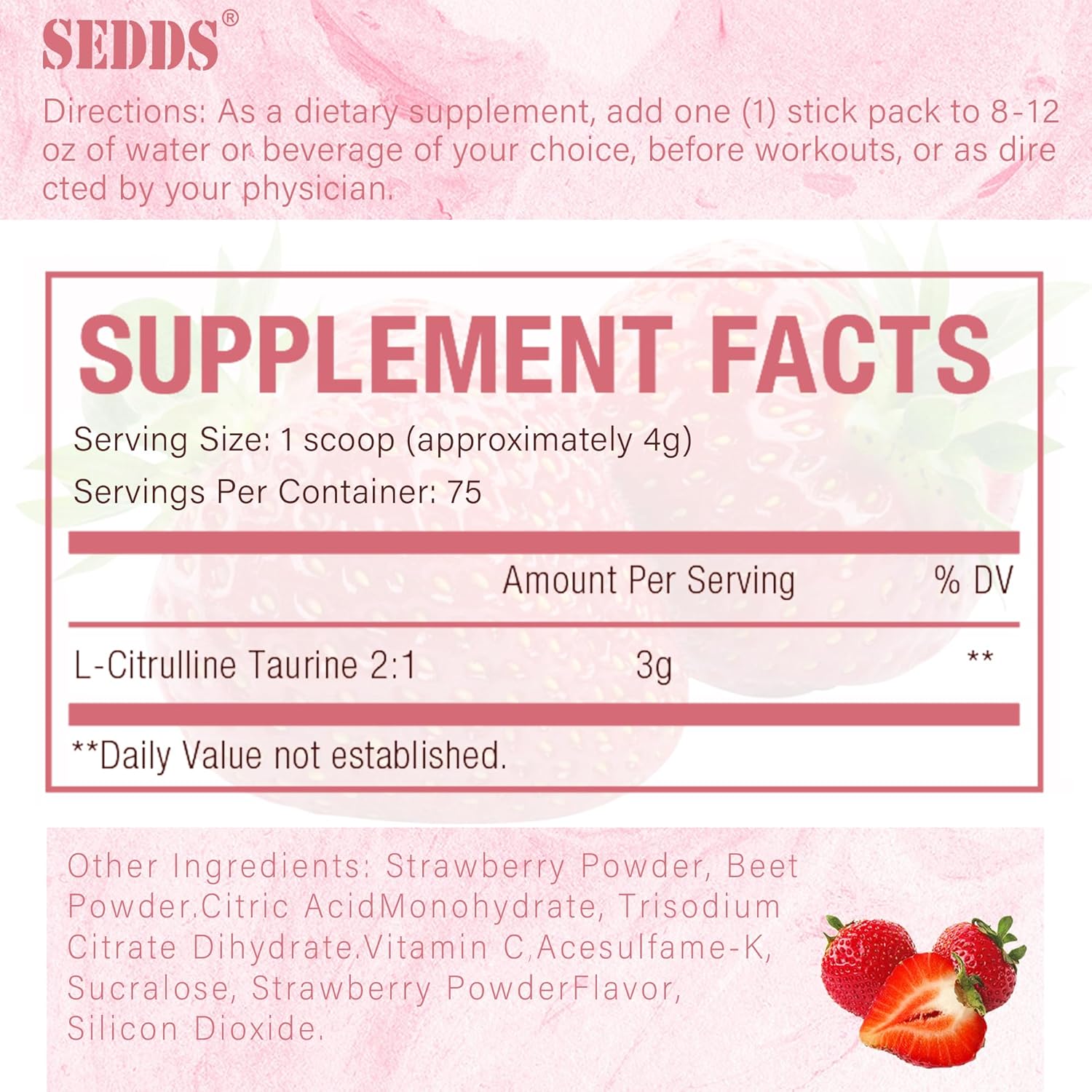 Strawberry-Flavored L-Citrulline Taurine Powder 2:1 Ratio, Vegan Pre-Workout Nutrition for Men and Women, 1lb Each Can