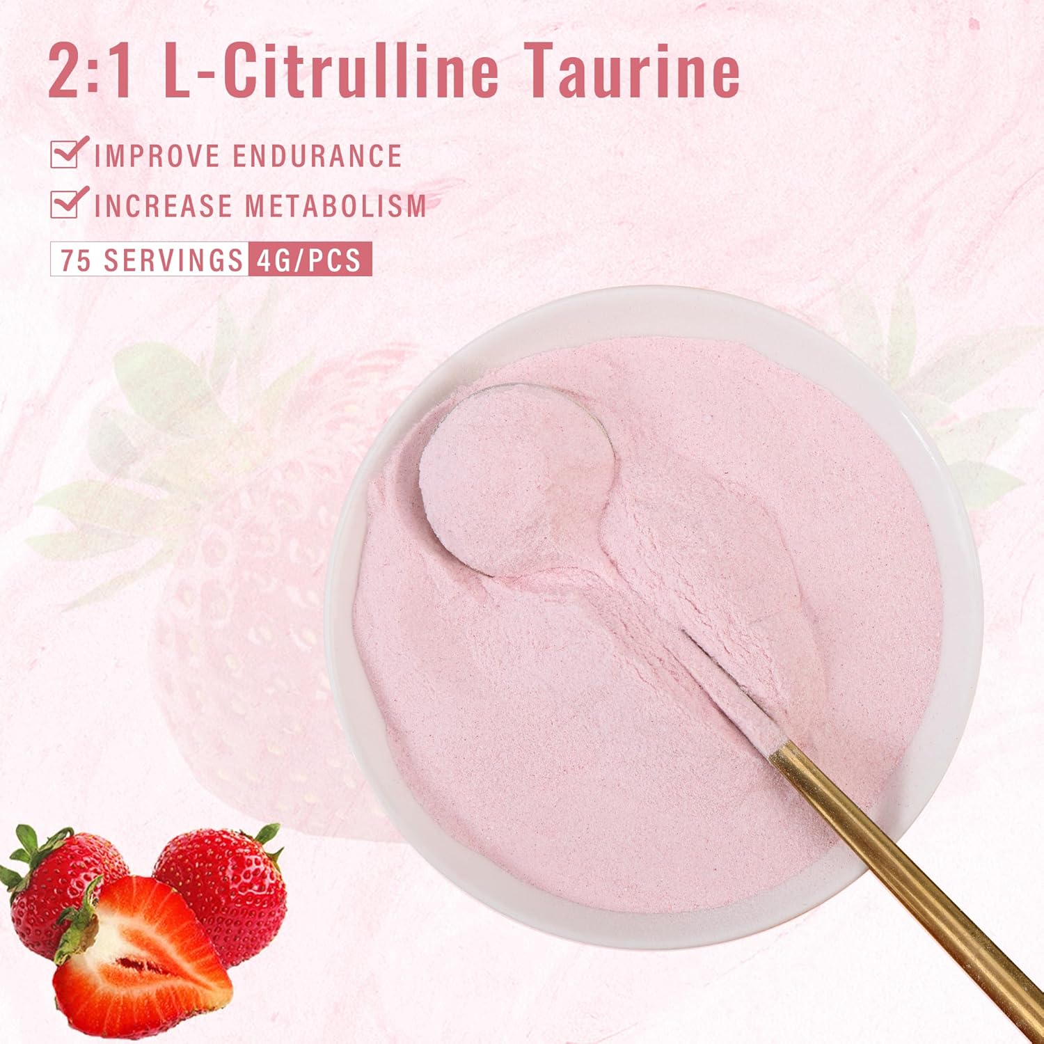 Strawberry-Flavored L-Citrulline Taurine Powder 2:1 Ratio, Vegan Pre-Workout Nutrition for Men and Women, 1lb Each Can