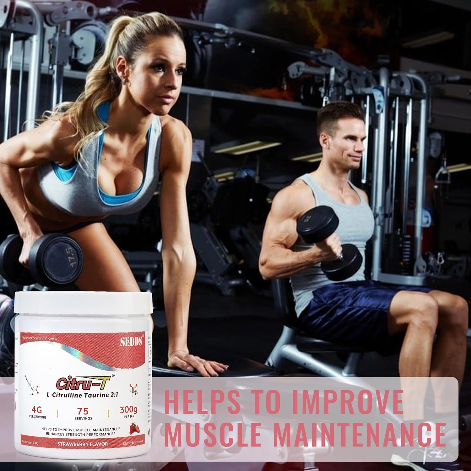 Strawberry-Flavored L-Citrulline Taurine Powder 2:1 Ratio, Vegan Pre-Workout Nutrition for Men and Women, 1lb Each Can