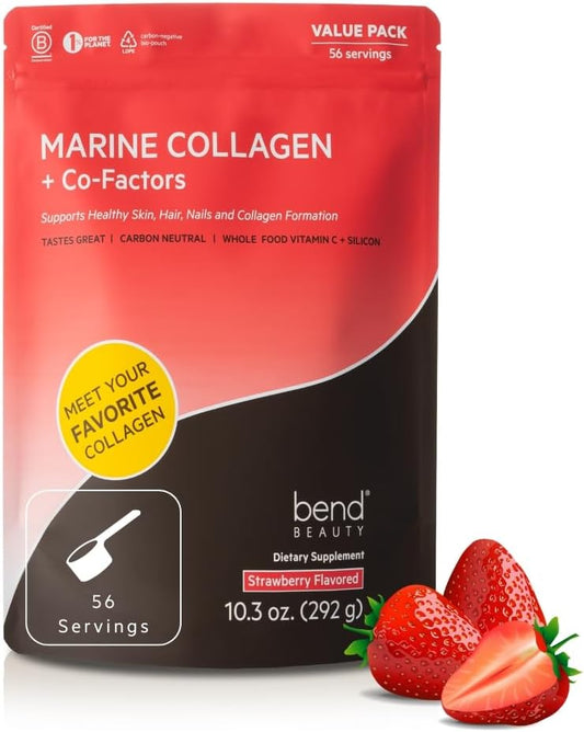 Strawberry Flavored Marine Collagen Powder with Co-Factors | Hydrolyzed Fish Collagen Peptides + Silicon + Vitamin C | Supports Skin, Hair & Nails