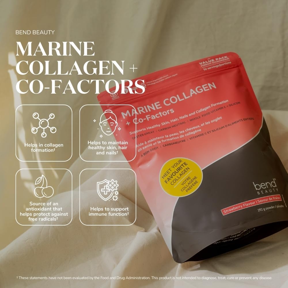 Strawberry Flavored Marine Collagen Powder with Co-Factors | Hydrolyzed Fish Collagen Peptides + Silicon + Vitamin C | Supports Skin, Hair & Nails