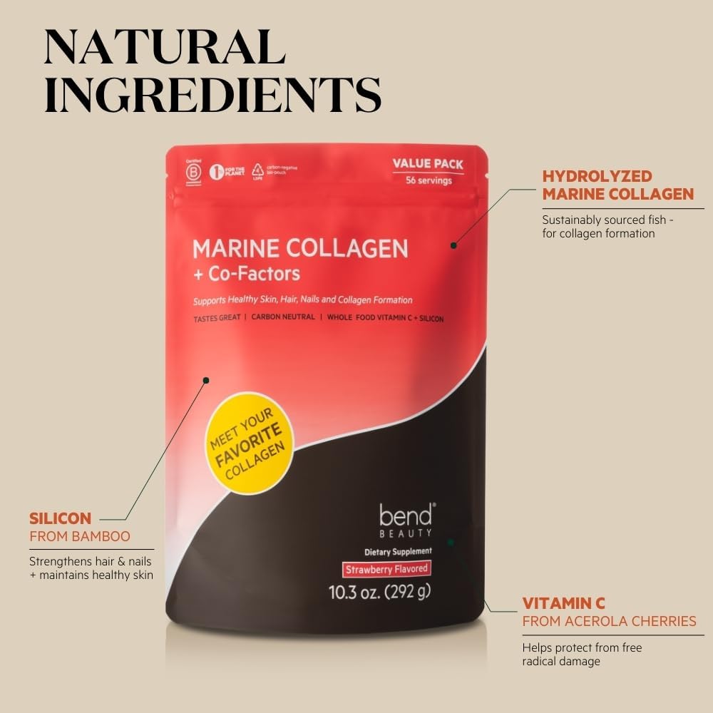 Strawberry Flavored Marine Collagen Powder with Co-Factors | Hydrolyzed Fish Collagen Peptides + Silicon + Vitamin C | Supports Skin, Hair & Nails