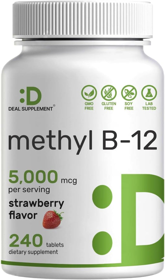 Strawberry Flavored Methyl B-12 Vitamins 5000 mcg Chewable Tablets for Energy & Brain Health - 240 Tablets - Vegetarian & GMO Free