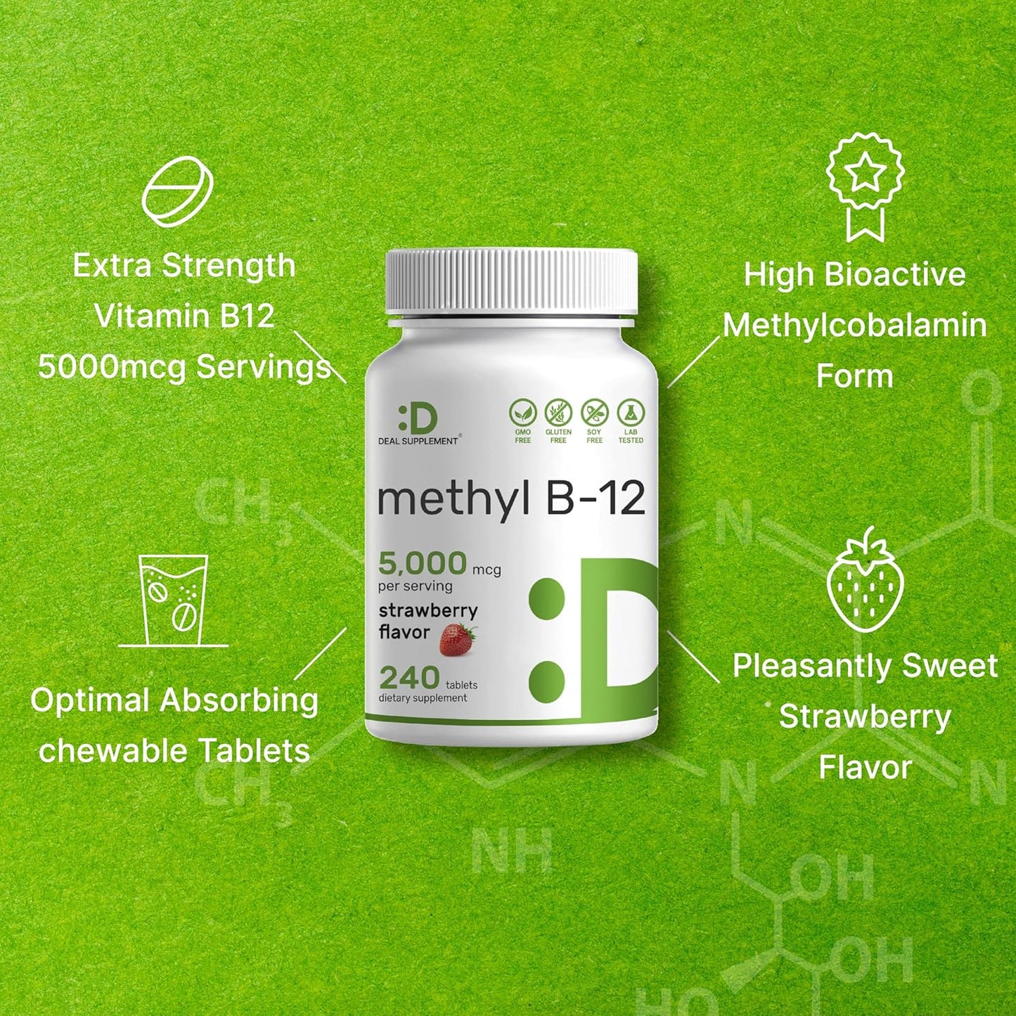 Strawberry Flavored Methyl B-12 Vitamins 5000 mcg Chewable Tablets for Energy & Brain Health - 240 Tablets - Vegetarian & GMO Free