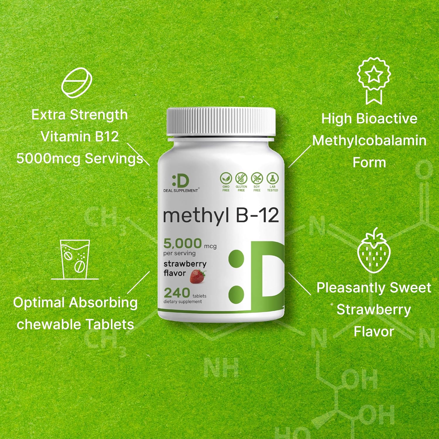Strawberry Flavored Methyl B-12 Vitamins 5000 mcg Chewable Tablets for Energy & Brain Health - 240 Tablets - Vegetarian & GMO Free