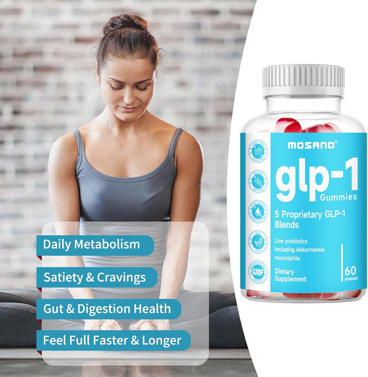 Strawberry Flavored MOSAND GLP-1 Probiotic Gummies - Gut & Digestion Health Supplement with Akkermansia Probiotic & Berberine, 60 Gummies, Sugar-Free