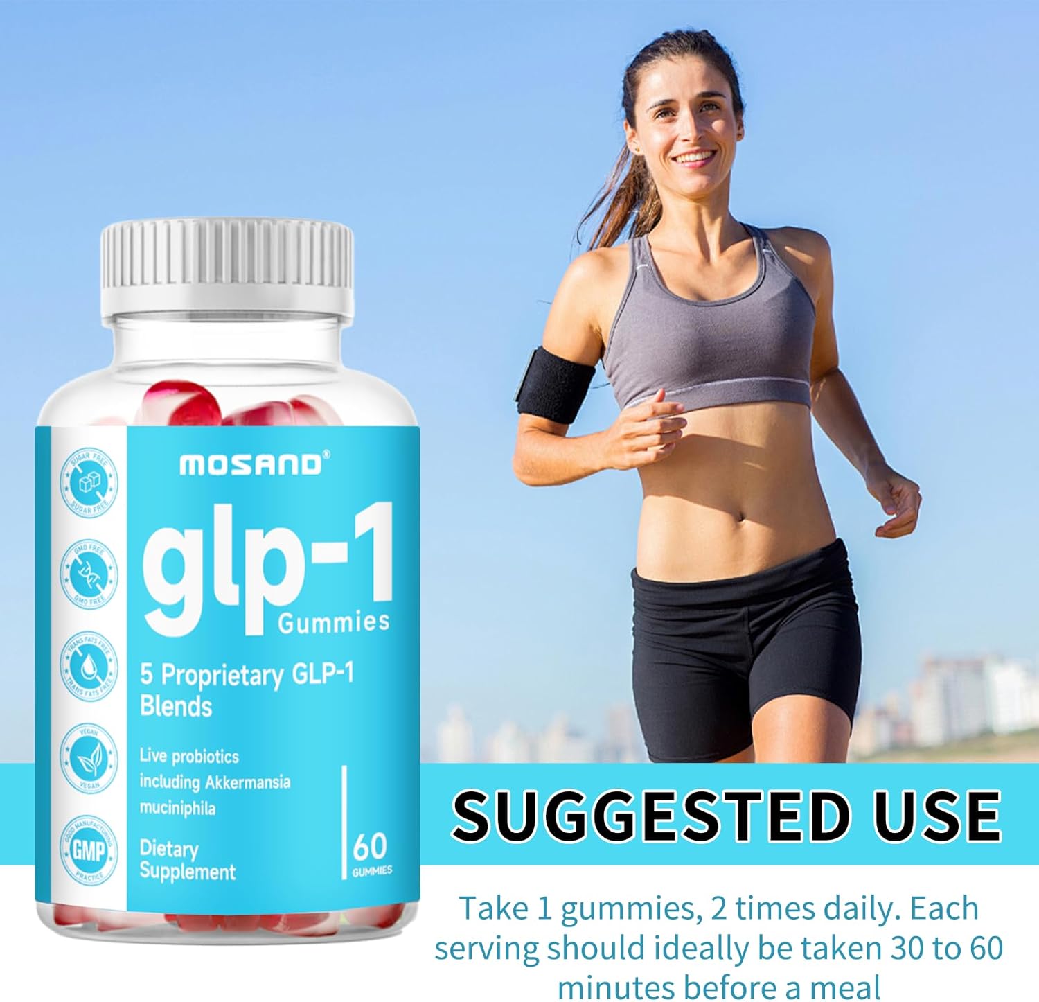 Strawberry Flavored MOSAND GLP-1 Probiotic Gummies - Gut & Digestion Health Supplement with Akkermansia Probiotic & Berberine, 60 Gummies, Sugar-Free