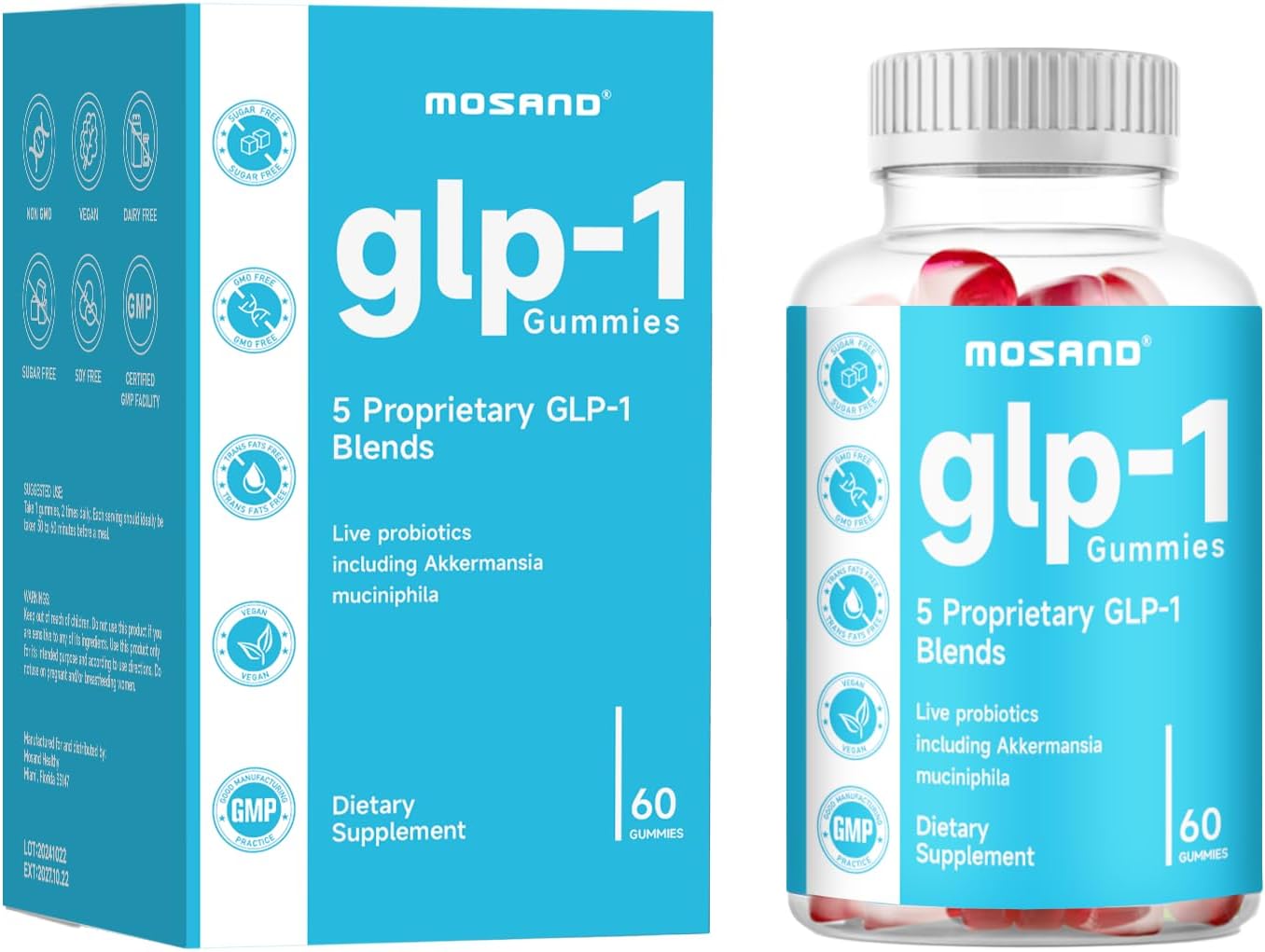 Strawberry Flavored MOSAND GLP-1 Probiotic Gummies - Gut & Digestion Health Supplement with Akkermansia Probiotic & Berberine, 60 Gummies, Sugar-Free