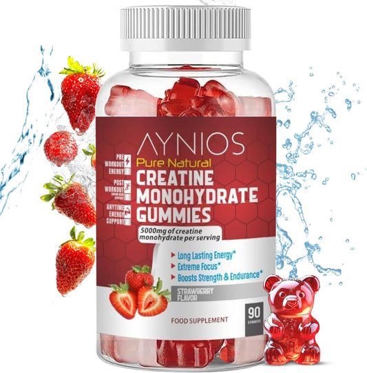 Strawberry Flavoured AYNIOS Creatine Monohydrate Gummy 5000mg - 90 Chewable Gummies for Strength and Muscle Building - Pre Workout Supplement for Energy - Men & Women's Gym Supplement