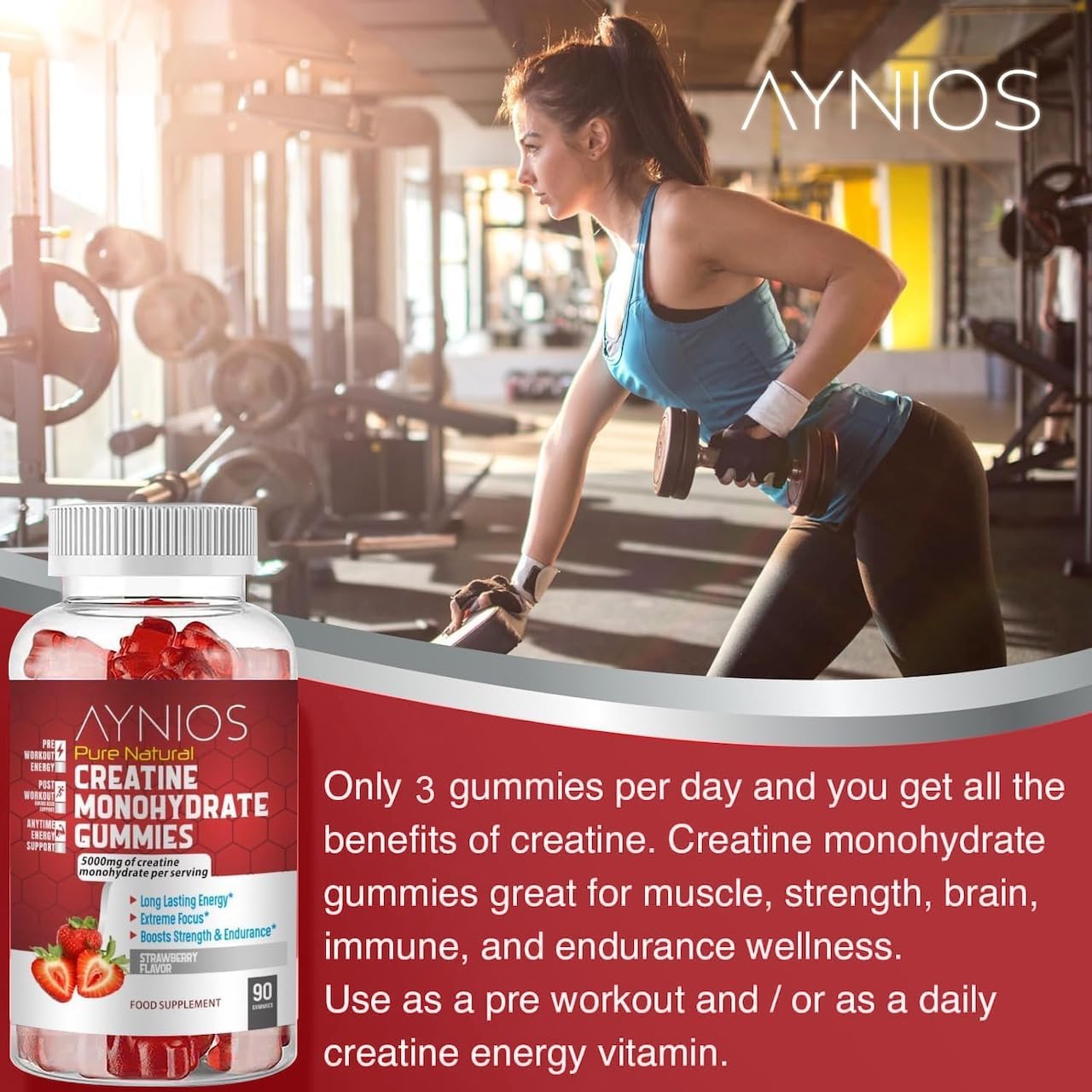 Strawberry Flavoured AYNIOS Creatine Monohydrate Gummy 5000mg - 90 Chewable Gummies for Strength and Muscle Building - Pre Workout Supplement for Energy - Men & Women's Gym Supplement