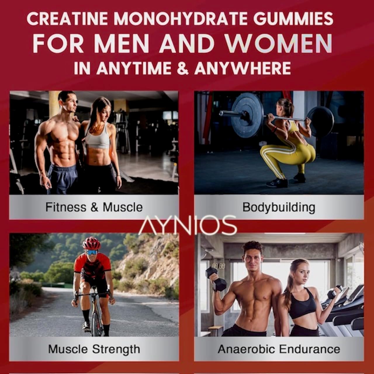 Strawberry Flavoured AYNIOS Creatine Monohydrate Gummy 5000mg - 90 Chewable Gummies for Strength and Muscle Building - Pre Workout Supplement for Energy - Men & Women's Gym Supplement