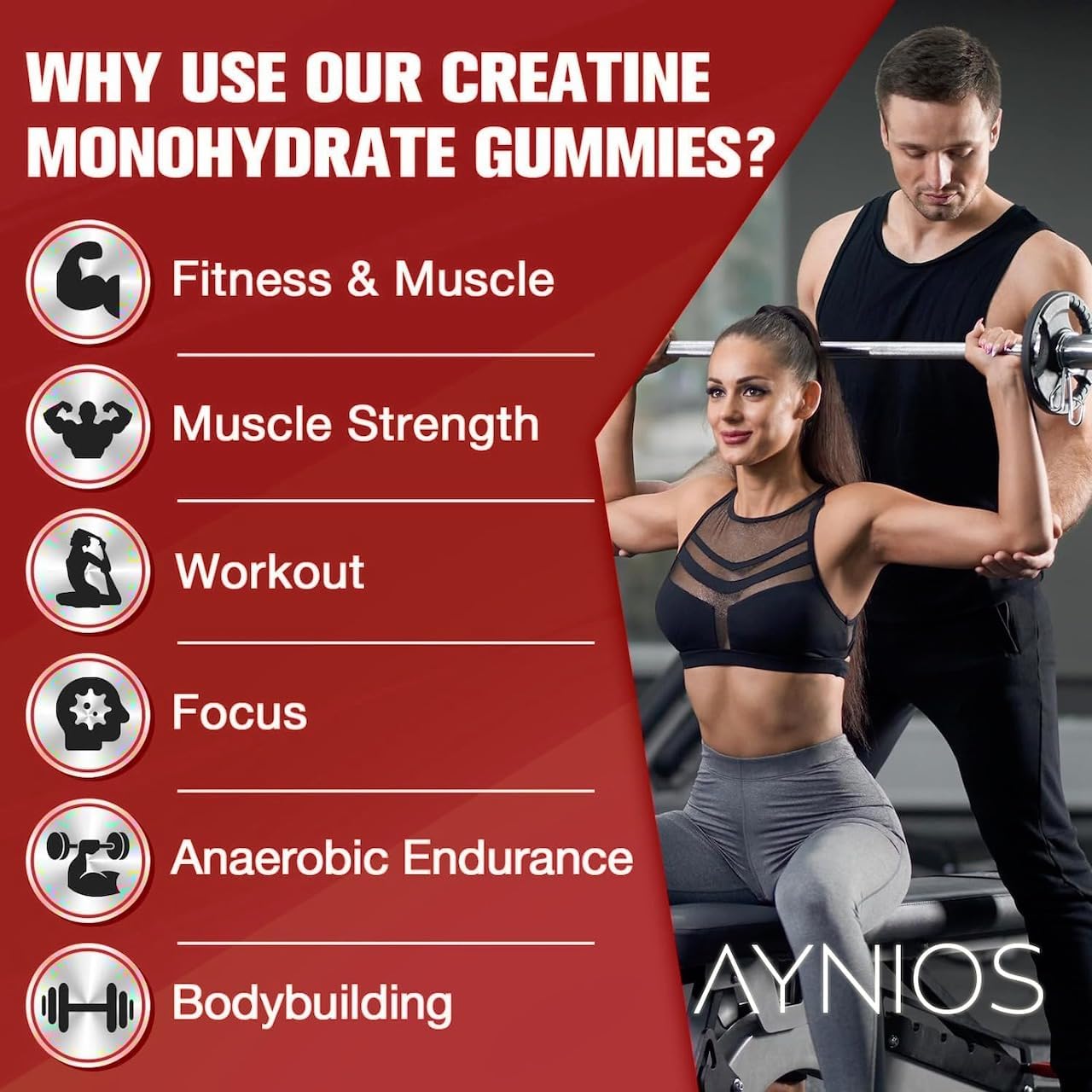 Strawberry Flavoured AYNIOS Creatine Monohydrate Gummy 5000mg - 90 Chewable Gummies for Strength and Muscle Building - Pre Workout Supplement for Energy - Men & Women's Gym Supplement