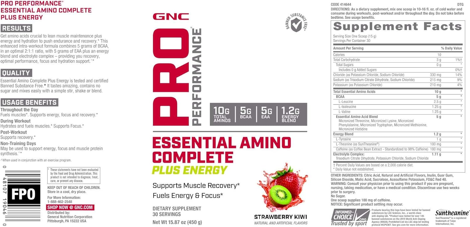 Strawberry Kiwi GNC Pro Performance Essential Amino Complete Plus Energy - 15.9 oz. for Muscle Recovery
